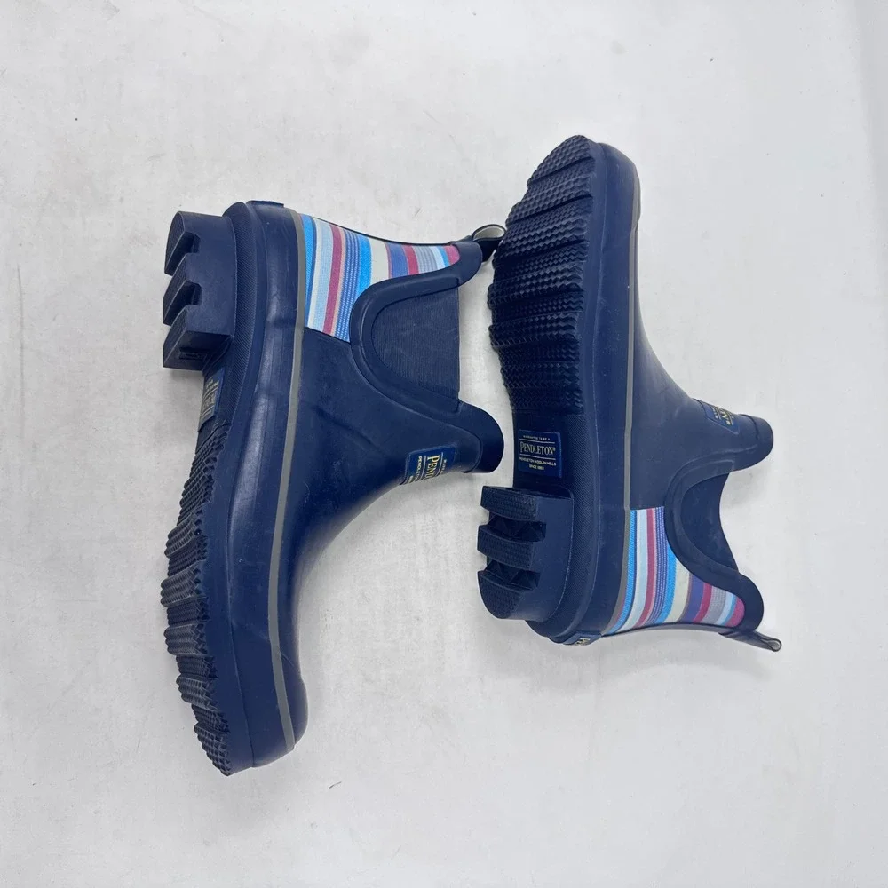 Pendleton Chelsea Rain Boots Navy 7 Waterproof Ankle Booties Striped Heel